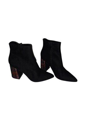 Betsey Johnson Kassie Black Suede Rhinestone Plaid Block Heel Booties Boots 7M
